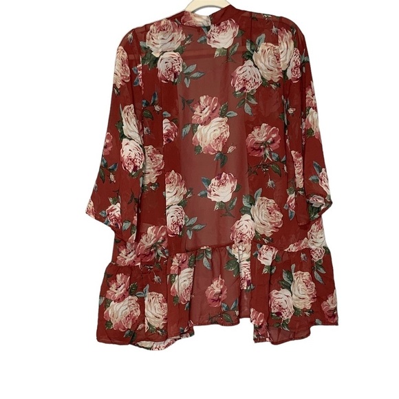 Vision sheer ruffle‎ hemmed sheer floral rust/maroon cardigan kaftan Size M - Picture 2 of 4